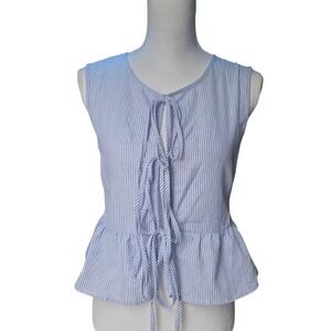 Womens Blue White Pinstripe Peplum Tank Top Small Lightweight Breezy Tie Front